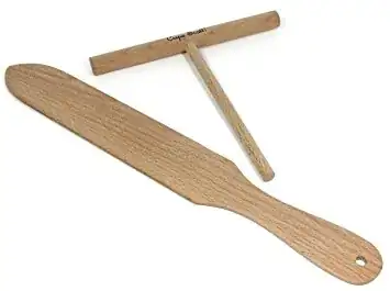 Wooden crêpe spatula, essentially a flat piece of wood, and crêpe spreader which is a short section of dowel with a narrower dowel handle fixed to it at right angles