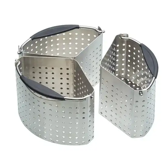 saucepan divider set of three wedge-shaped perforated steel containers which can sit together in a pan to hold ingredients separately wit in the same water/soup base
