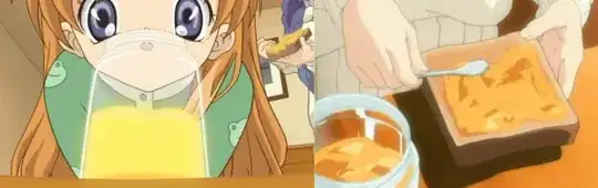Two different perspectives on Akiko's special jam: in the jar in bright light, looking fluorescent yellow, and being spread under in normal light with a marmalade-like appearance