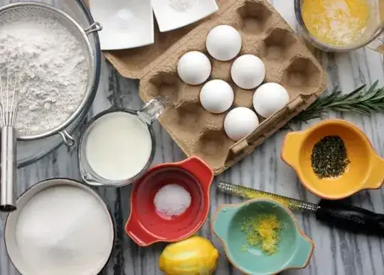 Mise en place for baking - ingredients and equipment set up and ready to be used