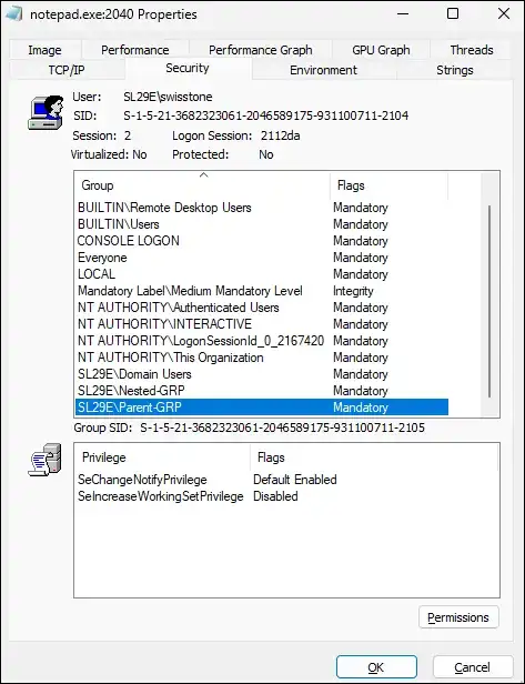 Security tab in Process Explorer