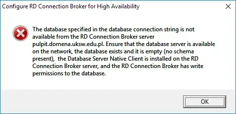 The database specified in the database connection string is not available from the RD Connection Broker server. Ensure that the SQL Server is available on the network, the SQL Server Native Client is installed on the RD Connection Broker server, and the RD Connection Broker has write permissions to the database.