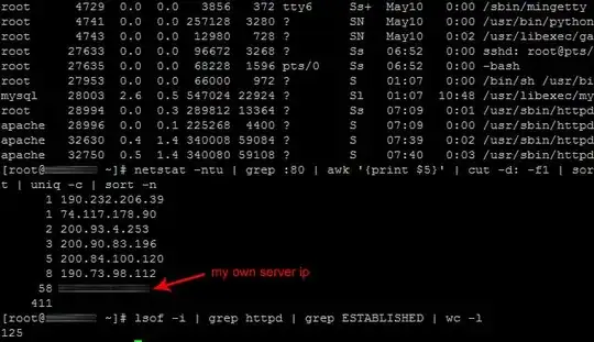 netstat results showing 58 connections from my server's own IP address