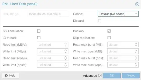 Hard disk specs of the Proxmox VM