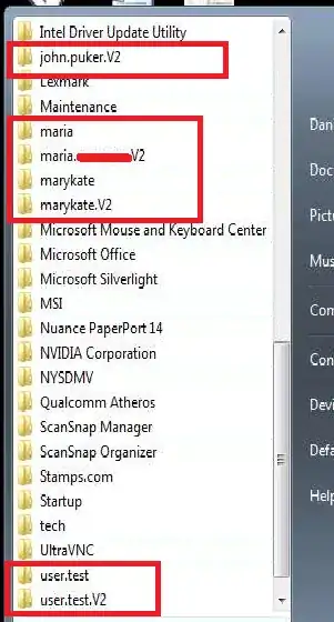 Start Menu All Programs Expanded, showing domain user folders