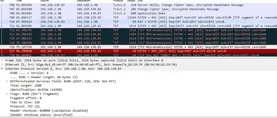 Snapshot from Wireshark at time of error