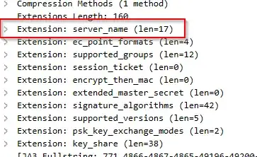 Wireshark showing server name extension