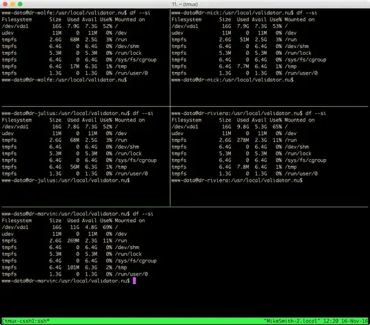tiled view of simultaneous ssh connections to 5 hosts in tmux-cssh