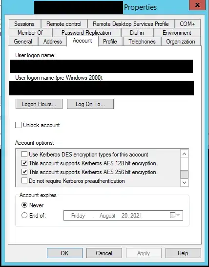 AD Dialog Box showing AES Kerberos Options