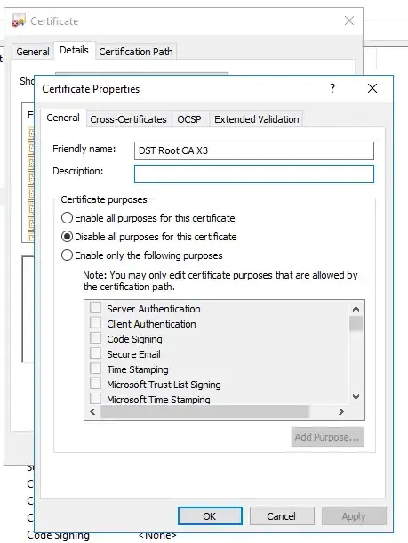 Certificate Properties of DST Root CA X3 with "disable all purposes for this certificate" checked.