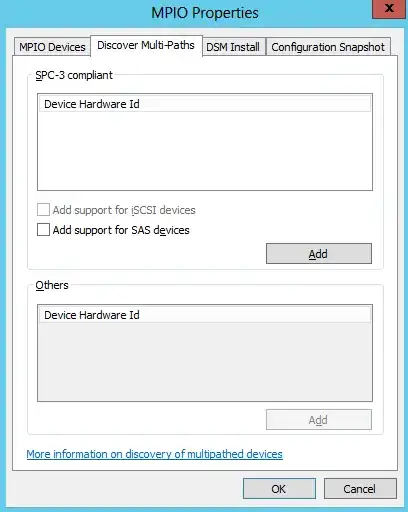 MPIO Properties dialogue box, showing the check boxes for 'Add support for iSCSI devices' and 'Add support for SAS devices'