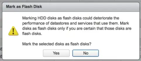 Marking HDD disks as flash disks could deteriorate the performance of datastores and services that use them. Mark disks as flash disks only if you are certain that those disks are flash disks.