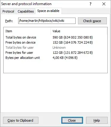 WinSCP Server and Protocol Information Dialog