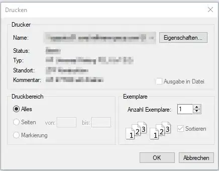 Expected printing dialog