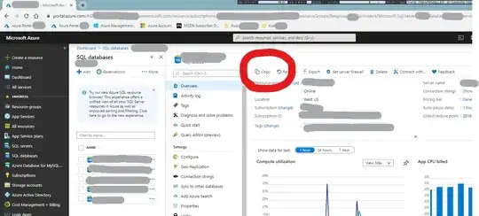 Screenshot of Azure Portal's database view with the Copy button highlighted