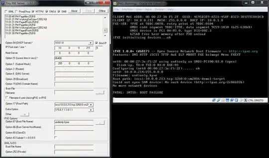 Boot screen from diskless station and TinyPXE screenshot
