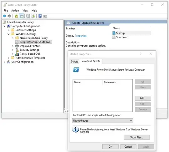 Screen shot of the group policy editor opened to the startup scripts settings.