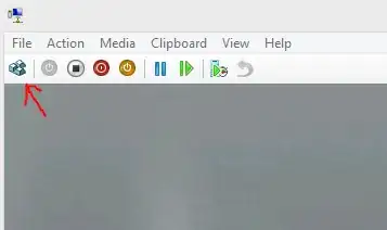 Virtual Machine Connection window with a red arrow pointing to the button that sends a ctrl-alt-delete to the virtual machine