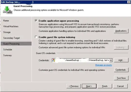 Edit Backup Job dialog, with Guest Processing selected in the left hand pane, Enable application-aware processing is checked, and Enable guest file system indexing is unchecked