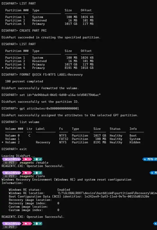 After deleting the recovery partition and extending the Windows partition, I add a primary partition for WinRE and simply run reagentc /enable