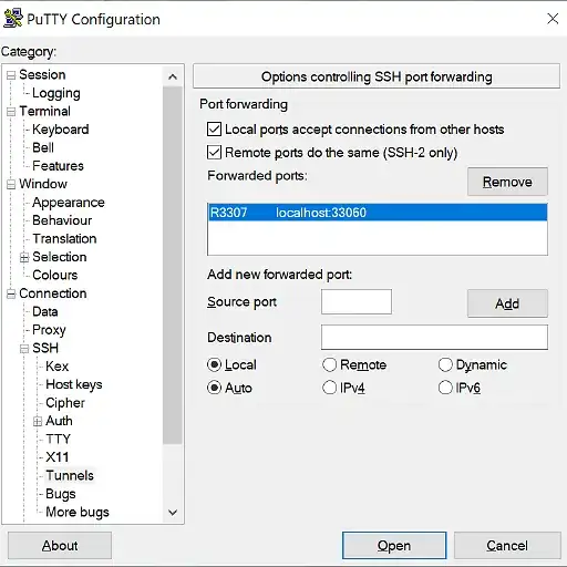 PuTTY settings