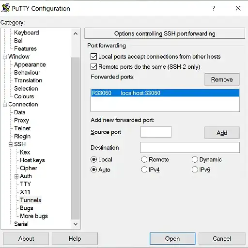 PuTTY configuration