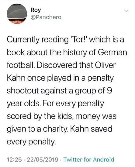 Twitter post claiming that Oliver Kahn denied charity money