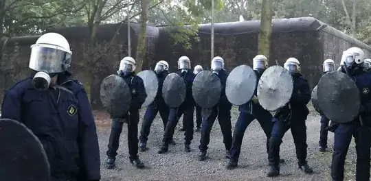 Dutch police in riot gear in front of a bunker