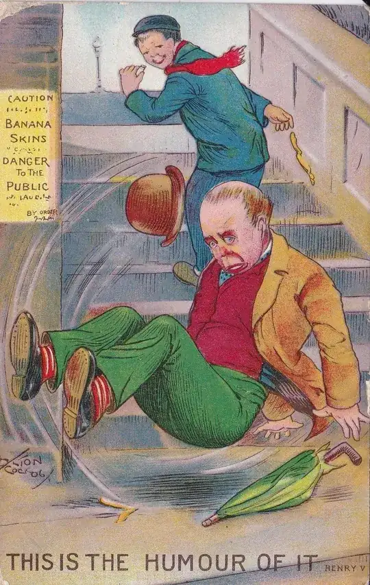 a laughing boy watches a large gentleman tumbling down the steps after stepping on a banana skin
