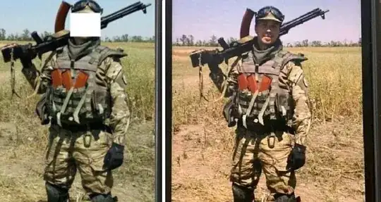 Censored and un-censored versions of Protasevich in camouflage with a gun