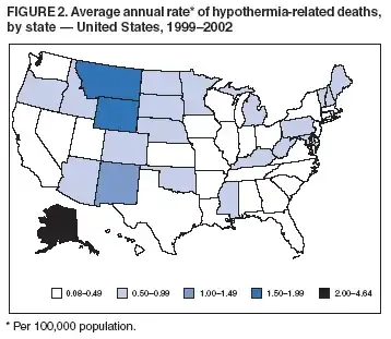 Average annual rate per 100,000 population of hypothermia-related deaths, by state – United States, 1999–2002.