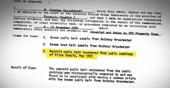 Negroid pubic hair recovered from pubic combings of Alice Sebold, May 1981