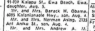 newspaper clipping of Obama's birth