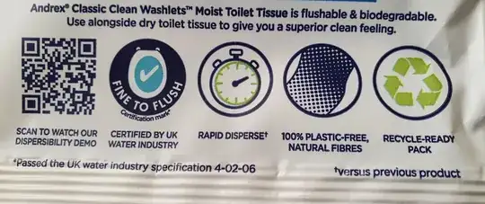 Certification marks on the packet: scan to watch our dispersibility demo, certified by UK Water Industry, passed the UK Water Industry Specification 4-02-06