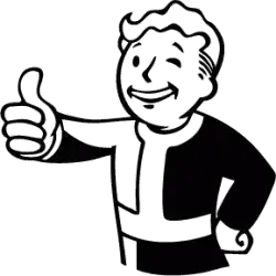 An image of Vault Boy holding out his arm with his thumb up, one eye closed and looking over his thumb with his other eye