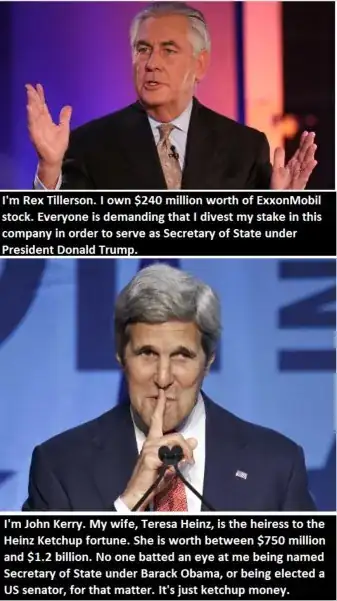 Two images with captions comparing Tillerson and Kerry