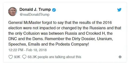 Full tweet by Trump says: "General McMaster forgot to say that the results of the 2016 election were not impacted or changed by the Russians and that the only Collusion was between Russia and Crooked H, the DNC and the Dems. Remember the Dirty Dossier, Uranium, Speeches, Emails and the Podesta Company!"