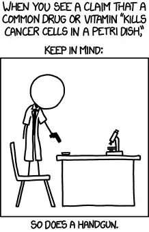 Now, if it selectively kills cancer cells in a petri dish, you can be sure it's at least a great breakthrough for everyone suffering from petri dish cancer. xkcd: shooting cells