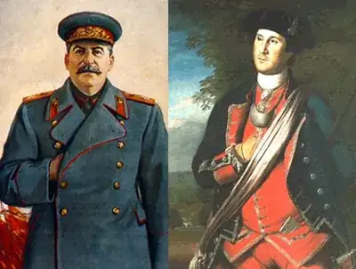Stalin and Washington being portrayed with their hand in their shirt