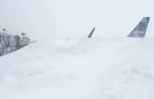 'jetBlue' airplane seems to be covered in snow