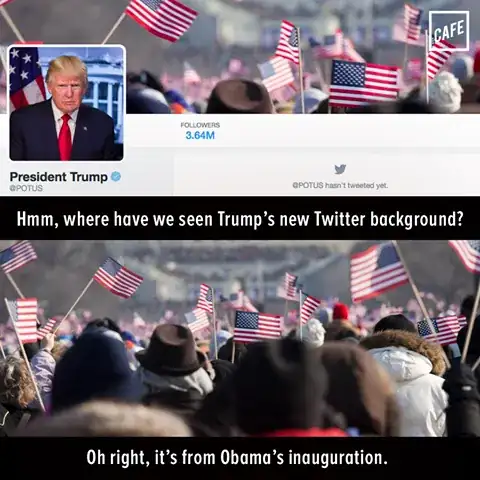 Screenshot of @POTUS' Twitter page combined with another image with the caption: 'Hmm, where have we seen Trump’s new Twitter background? Oh right, it’s from Obama’s inauguration.'