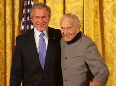 George Bush and Andrew Wyeth standing in front of gold curtains