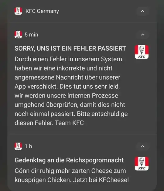 Screenshot of the supposed KFC message and apology.