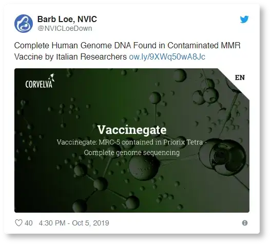 "Complete Human Genome DNA Found in Contaminated MMR Vaccine by Italian Researchers" —Barb Loe, NVIC (@NVICLoeDown) October 5, 2019
