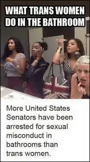 Picture captioned 'What trans women do in the bathroom', showing four women in a bathroom, putting on make-up and doing their hair. It says: 'More United States Senators have been arrested for sexual misconduct in bathrooms than trans women.'