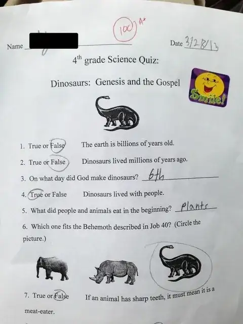 Quiz, answers are 1) false; 2) false; 3) 6th; 4) true; 5) plants; 6) dinosaur image; 7) false