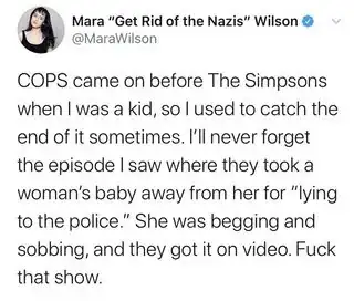 Screenshot of the tweet: "COPS came on before The Simpsons when I was a kid, so I used to catch the end of it sometimes. I’ll never forget the episode I saw where they took a woman’s baby away from her for “lying to the police.” She was begging and sobbing, and they got it on video. Fuck that show."