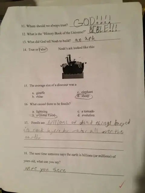 second page of creationist "science" quiz
