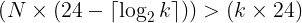 <code>\left( N \times \left( 24 - \left \lceil{\log_{2}{k}}\right \rceil \right) \right) > \left( k \times 24 \right)</code>