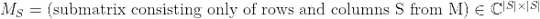 \begin{equation}M_S = (\text{submatrix consisting only of rows and columns $S$ from $M$}) \in \mathbb{C}^{|S|\times |S|}\end{equation}